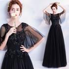 Mesh-sleeve Embellished A-line Evening Gown