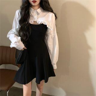 Long-sleeve Ruffle Trim Cropped Blouse / Plain Spaghetti Strap Dress