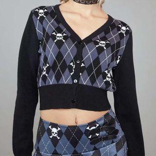 Argyle Print Cardigan Argyle - Gray & Black - One Size