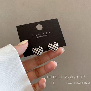 Sterling Silver Check Heart Stud Earring 1 Pair - Black & White - One Size