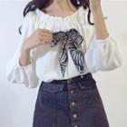 Leaf Print Bow Accent Off Shoulder Long Sleeve Top