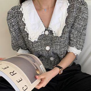 Short-sleeve Lace Trim Plaid Blouse