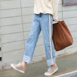 Wide-leg Cuffed Distressed Jeans