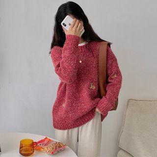 Deer Embroidered Melange Sweater