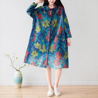 Flower Print Pocket Detail Shirt Dress Green - One Size