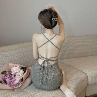 Halter-neck Open-back Patterned A-line Dress Gray - One Size