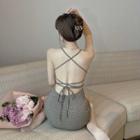 Halter-neck Open-back Patterned A-line Dress Gray - One Size