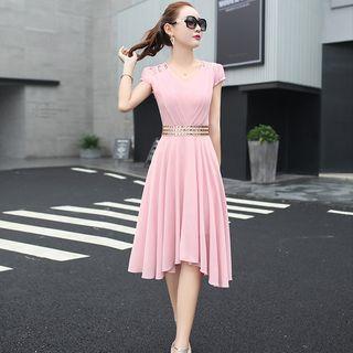 Short-sleeve Chiffon Jeweled Dress