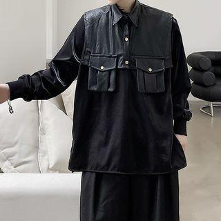 Set: Long-sleeve Plain Shirt + Pocket Vest