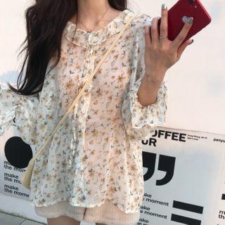 Floral Print Flared-cuff Chiffon Blouse As Shown In Figure - One Size