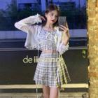 Light Cardigan + Lace-up Plaid Tank Top + Plaid Mini Skirt