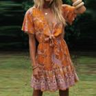 Floral Tie-front Short-sleeve Mini A-line Dress