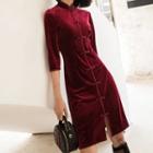 Corduroy Elbow-sleeve Qipao