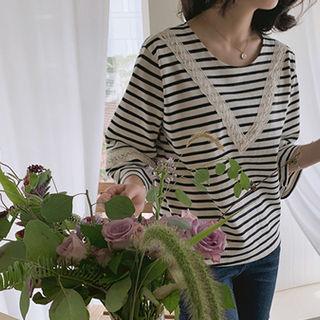 3/4-sleeve Lace-detail Striped T-shirt