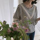 3/4-sleeve Lace-detail Striped T-shirt