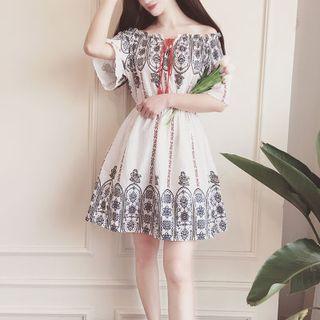 Patterned Off Shoulder Elbow Sleeve Dress