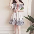 Patterned Off Shoulder Elbow Sleeve Dress
