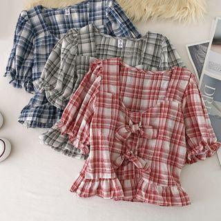 Square Collar Plaid Bow Top