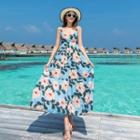 Spaghetti Strap Floral A-line Midi Dress / 3/4-sleeve Lace Light Jacket