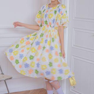 Short-sleeve Flower Print Midi Dress Floral - One Size