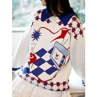Cartoon Jacquard Polo Sweater