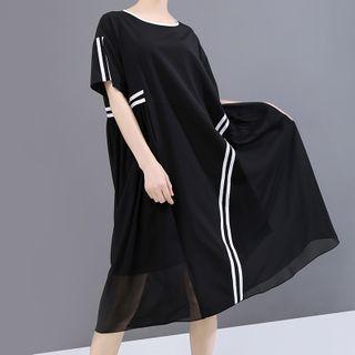 Contrast Trim Mesh Panel Short-sleeve Midi A-line Dress Black - One Size