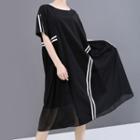 Contrast Trim Mesh Panel Short-sleeve Midi A-line Dress Black - One Size