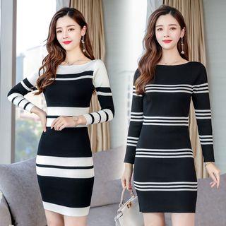 Long-sleeve Striped Knit Bodycon Dress