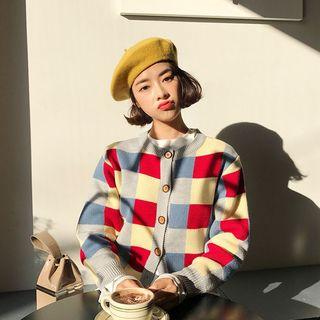 Contrast-color Plaid Cardigan