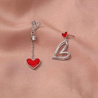 Heart Asymmetrical Sterling Silver Dangle Earring 1 Pair - Non-matching - Heart Earrings - Red & Silver - One Size
