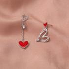 Heart Asymmetrical Sterling Silver Dangle Earring 1 Pair - Non-matching - Heart Earrings - Red & Silver - One Size