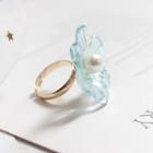 Faux Pearl Floral Open Ring 088 - Blue Floral - Gold - One Size