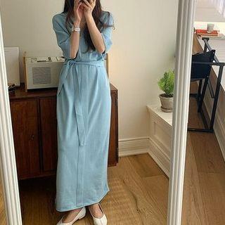 Short-sleeve Tie-waist Knit Maxi A-line Dress