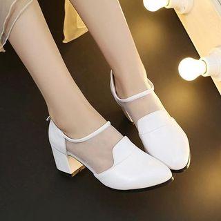 Chunky Heel Mesh Panel Pointy Toe Pumps