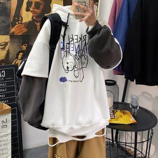 Mock Two-piece Lettering Bear Print Hoodie