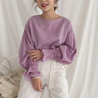 Plain Linen Puff-sleeve Loose-fit Long-sleeve Blouse