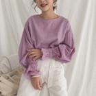 Plain Linen Puff-sleeve Loose-fit Long-sleeve Blouse