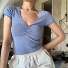 V-neck Short-sleeve T-shirt Blue - One Size