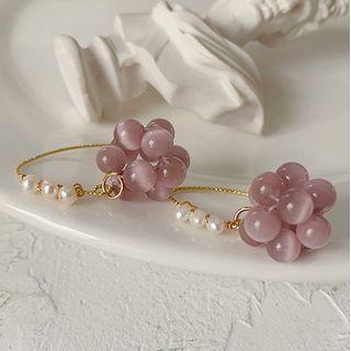 Faux Pearl Cat Eye Stone Bead Dangle Earring 1 Pair - Gold & Ash Pink - One Size