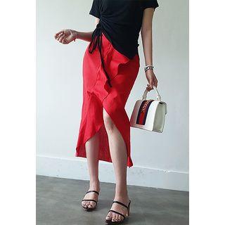 Frilled-detail Linen Blend Midi Skirt