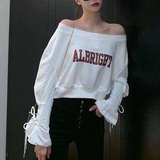 Cold-shoulder Lettering Drawstring-cuff Pullover