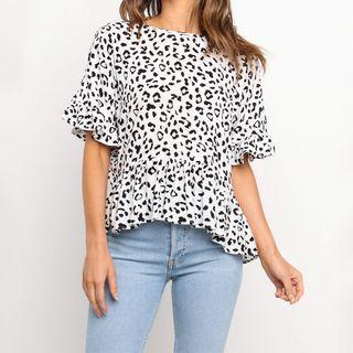 Short-sleeve Leopard Print Frill Trim Top
