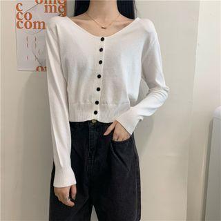 Long-sleeve V-neck Plain Button-up Knit Top