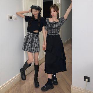 Short-sleeve Drawstring Cutout T-shirt / Puff-sleeve Plaid Blouse / Plaid Skort / Midi A-line Skirt
