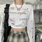 Printed Long-sleeve Cropped T-shirt White - One Size