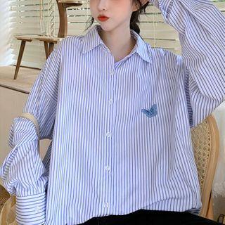Loose Fit Long-sleeve Striped Button-up T-shirt
