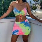 Set: Drawstring Cropped Camisole Top + Tie-dyed Mini Pencil Skirt