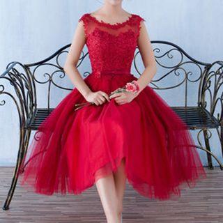 Lace Appliqu  Sleeveless Midi Prom Dress