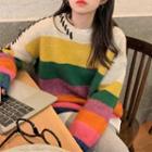 Color-block Loose-fit Sweater Yellow & Green & Blue - One Size