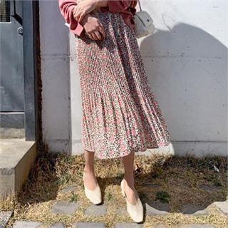 Band-waist Pattern Pleated Skirt Pink - One Size
